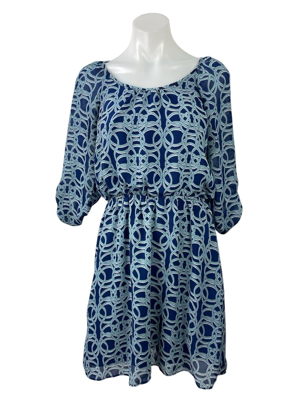 Charming Charlie Blue Geometric 3/4 Sleeve Scoop Neck Mini Blouson Dress Size S